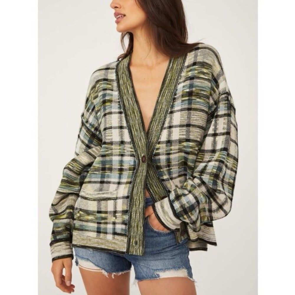 NWOT Free People McGregor Plaid Cardigan in Green Tea Size XS